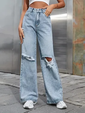 2023 Fall High Waist Straight Women's Ripped Jeans Women New Blue Denim Trousers Fashion Streetwear Wide Leg Baggy Pants Casual 2023 Fall High Waist Straight Women's Ripped Jeans Women New Blue Denim Trousers Fashion Streetwear Wide Leg Baggy Pants Casual
