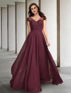 A-Line Mother of the Bride Dresses Plus Size Hide Belly Curve Elegant Dress Formal Floor Length Short Sleeve V Neck Chiffon with Pleats Beading A-Line Mother of the Bride Dresses Plus Size Hide Belly Curve Elegant Dress Formal Floor Length Short Sleeve V Neck Chiffon with Pleats Beading