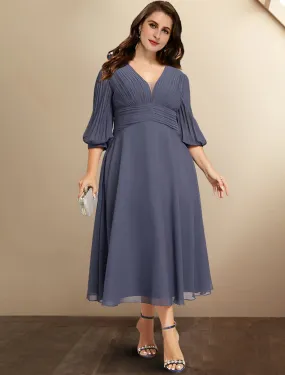 A-Line Mother of the Bride Dresses Plus Size Hide Belly Curve Elegant Dress Formal Tea Length Half Sleeve V Neck Chiffon with Pleats Ruched Fall A-Line Mother of the Bride Dresses Plus Size Hide Belly Curve Elegant Dress Formal Tea Length Half Sleeve V Neck Chiffon with Pleats Ruched Fall