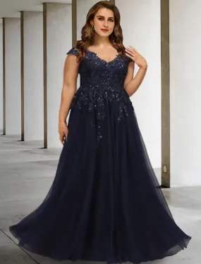 A-Line Mother of the Bride Dresses Plus Size Hide Belly Curve Vintage Dress Formal Floor Length Short Sleeve V Neck Tulle with Sequin Appliques A-Line Mother of the Bride Dresses Plus Size Hide Belly Curve Vintage Dress Formal Floor Length Short Sleeve V Neck Tulle with Sequin Appliques