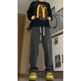 Bonsir 90s streetwear Cleanfit Pure Black Drawstring Elastic Waist Jeans Men's American Vibe Pants Ruan Handsome High-Grade Straight Pants Bonsir 90s streetwear Cleanfit Pure Black Drawstring Elastic Waist Jeans Men's American Vibe Pants Ruan Handsome High-Grade Straight Pants