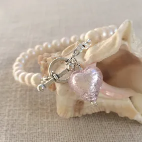 Bracelet with light (pale) pink Murano glass small heart charm on white freshwater pearls Bracelet with light (pale) pink Murano glass small heart charm on white freshwater pearls