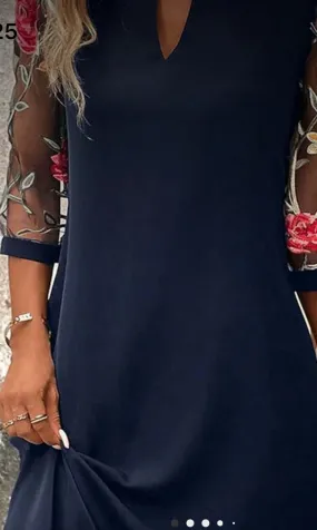 Dresses- Navy Midi Dress w/ Floral Mesh Sleeves Dresses- Navy Midi Dress w/ Floral Mesh Sleeves