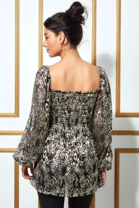 FOIL PRINT SHIRRED BODY LONG TOP WITH SLEEVES FOIL PRINT SHIRRED BODY LONG TOP WITH SLEEVES