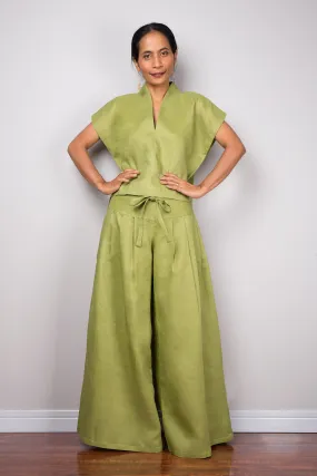 Handmade green linen long wide leg palazzo pants. Olive green high waist women's summer pants Handmade green linen long wide leg palazzo pants. Olive green high waist women's summer pants