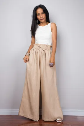 Handmade natural linen long wide leg palazzo pants with pockets. Beige high waist women's summer pants Handmade natural linen long wide leg palazzo pants with pockets. Beige high waist women's summer pants