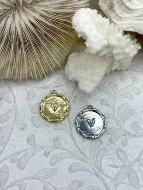 High Quality Brass Heart Charm, Gold or Silver Heart Pendant, Small Heart Charm, Heart Embossment Brass Pendant, 16.5mm round, Fast Ship High Quality Brass Heart Charm, Gold or Silver Heart Pendant, Small Heart Charm, Heart Embossment Brass Pendant, 16.5mm round, Fast Ship