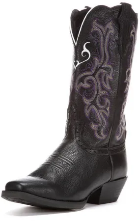 Justin Women's (L2554) Stampede 12" Black Deercow  w/Purple & White Stitching Western Cowgirl Boots Justin Women's (L2554) Stampede 12" Black Deercow  w/Purple & White Stitching Western Cowgirl Boots