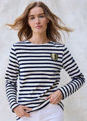 MERIDAME CAMPUS - Fancy Breton Shirt Top with Velvet Stripes and Vintage Crest | Heavyweight Cotton Blend | Women Fit  (IVORY / NAVY) MERIDAME CAMPUS - Fancy Breton Shirt Top with Velvet Stripes and Vintage Crest | Heavyweight Cotton Blend | Women Fit  (IVORY / NAVY)