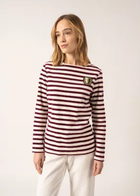 MERIDAME CAMPUS - Fancy Breton Shirt Top with Velvet Stripes and Vintage Crest | Heavyweight Cotton Blend | Women Fit  (IVORY / PLUM) MERIDAME CAMPUS - Fancy Breton Shirt Top with Velvet Stripes and Vintage Crest | Heavyweight Cotton Blend | Women Fit  (IVORY / PLUM)