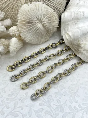 Mixed Link Mixed Metal Textured Cable Chain, Sold by the foot. 13mm x 10mm, 2mm Thick, Electroplated Base Metal, 4 styles, Fast ship Mixed Link Mixed Metal Textured Cable Chain, Sold by the foot. 13mm x 10mm, 2mm Thick, Electroplated Base Metal, 4 styles, Fast ship