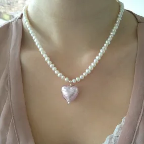 Necklace with light (pale) pink Murano glass medium heart pendant on white pearls Necklace with light (pale) pink Murano glass medium heart pendant on white pearls