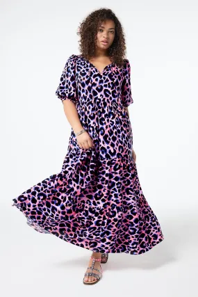Pink with Blue and Black Shadow Leopard Tie Front Maxi Dress Pink with Blue and Black Shadow Leopard Tie Front Maxi Dress