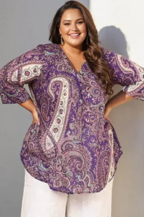 Plus Size Purple Paisley Print Cotton Top Plus Size Purple Paisley Print Cotton Top