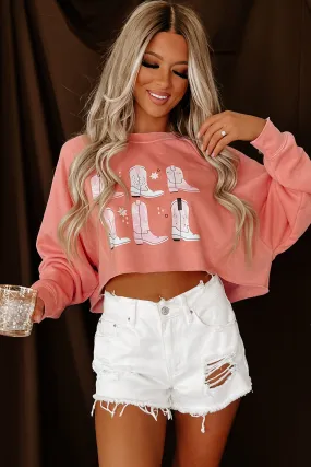 "Give Em' The Boot" Raw Hem Cropped Graphic Pullover (Watermelon Pink) - Print On Demand "Give Em' The Boot" Raw Hem Cropped Graphic Pullover (Watermelon Pink) - Print On Demand