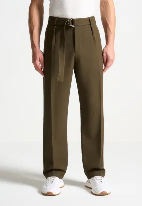 Relaxed Fit Textured Belted Tailored Trousers - Khaki Relaxed Fit Textured Belted Tailored Trousers - Khaki