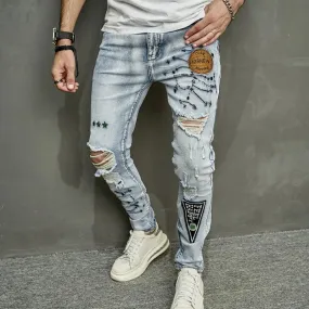 Stylish Men's Ripped Embroidery Skinny Pencil Jeans Pants Casual Denim Trousers Stylish Men's Ripped Embroidery Skinny Pencil Jeans Pants Casual Denim Trousers