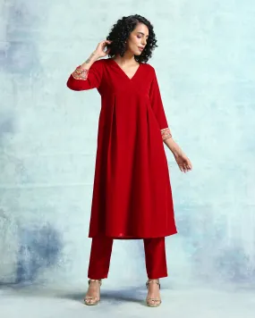 True Red Velvet Yoke Kurta True Red Velvet Yoke Kurta