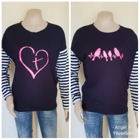 Vinyl Print Long Sleeve Stripe Tee - Navy & Pink Vinyl Print Long Sleeve Stripe Tee - Navy & Pink