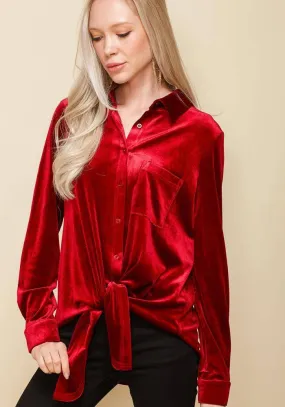 Women's Button Down Velvet Shirt Blouse With Tie Hem in Red Women's Button Down Velvet Shirt Blouse With Tie Hem in Red