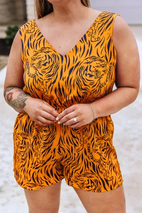 Yellow Plus Size Tiger Print Sleeveless V Neck Romper Yellow Plus Size Tiger Print Sleeveless V Neck Romper